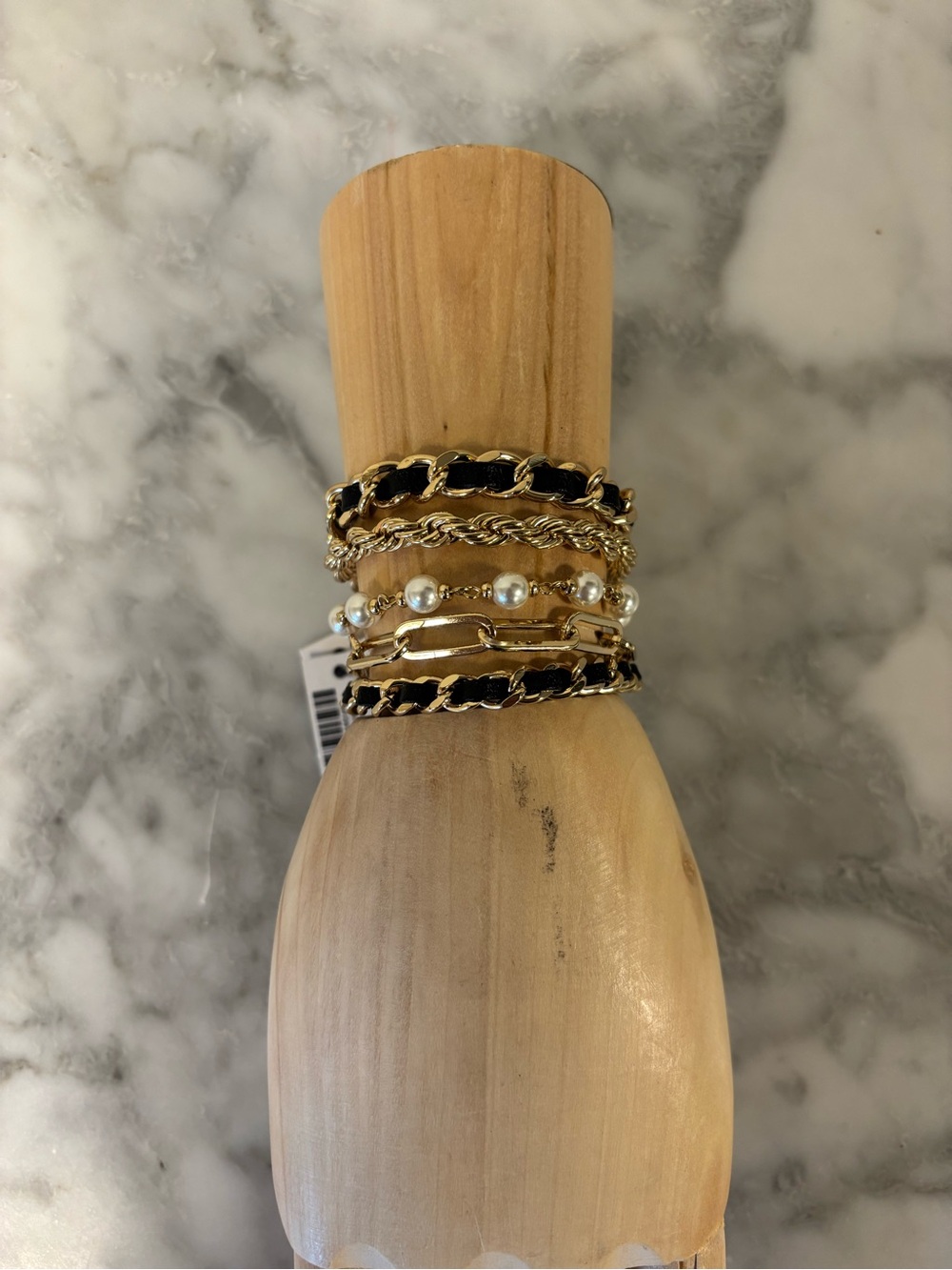 White House Black Market Gold and Black Layered Bracelet Set with Pearl Accents
